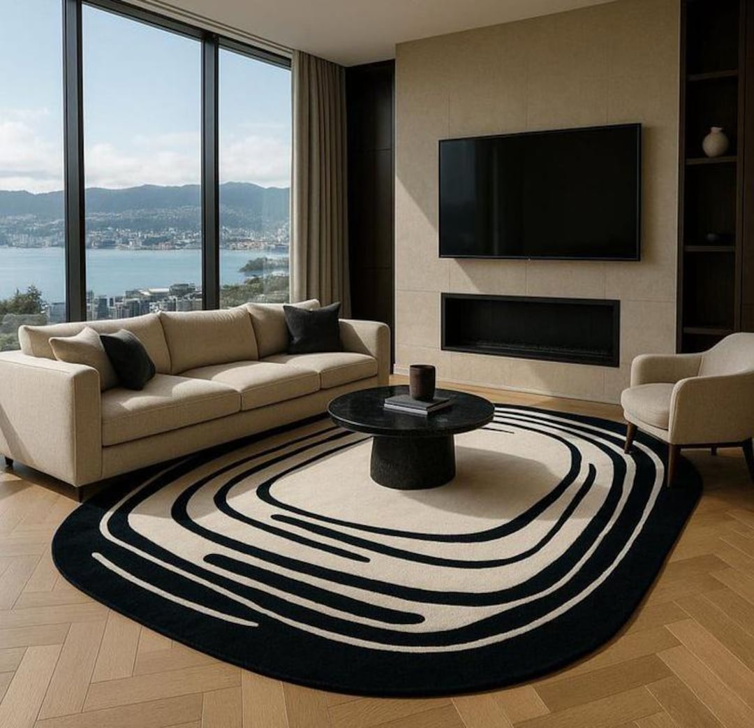 Modern Black and White Abstract Area Rug, Minimalist Geometric Carpet ...