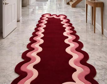 Modern Wavy Red Runner Rug, Abstract Pink & Burgundy Hallway Carpet