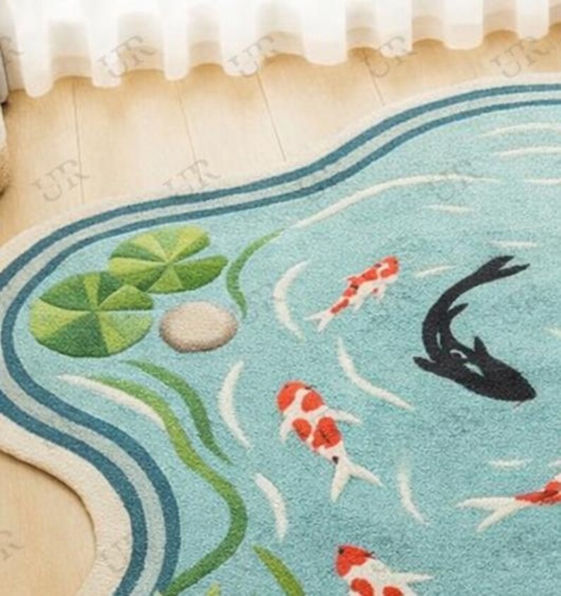 Koi Fish Pond Shaped Rug, Cute Cartoon Carp Area Rug, Kids Room Nursery ...