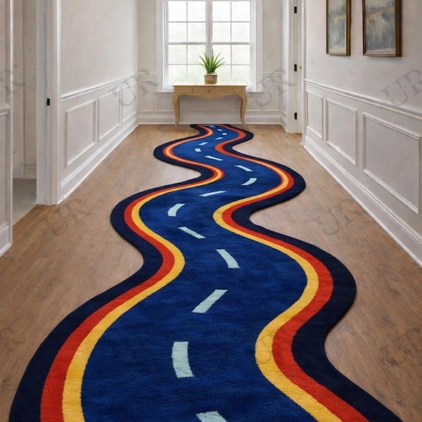 Kids Road Rug, Wavy Road Play Rug, Car Track Rug, Kids Room Decor Rug, Nursery Play Mat, Fun Road Runner Carpet