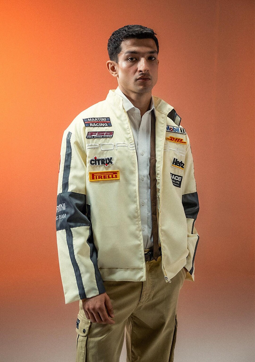 Cream Racing Jacket: Unisex Motor Sport Bomber With Embroidered Patches ...
