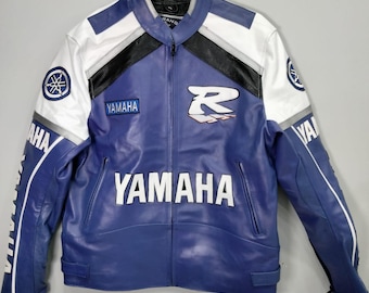 YAMAHA レーシング本革 レザージャケット ヤマハ メンズ バイク レーシング レザージャケット ブルー＆ホワイト
