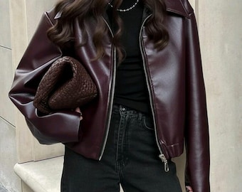 Burgundy Cowhide Leather Jacket | Women's Zip Front Street Style