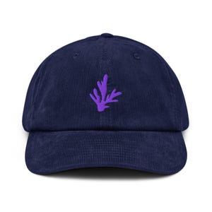 Blue Corduroy Hat: Purple Seaweed Embroidery, Unisex Surf Cap