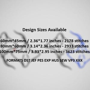 Puede incluir: Imagen que muestra los tama&ntilde;os de dise&ntilde;o de bordado disponibles: 60mm x 45mm, 80mm x 60mm y 100mm x 75mm (2,36 x 1,77 pulgadas, 3,14 x 2,36 pulgadas, 3,93 x 2,95 pulgadas). Formatos: DST, JEF, PES, EXP, HUS, SEW, VP3, XXX. Fondo gris claro.