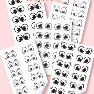 Może przedstawiać: Zestaw białych szablonów papierowych z czarnymi wzorami oczu do lukru królewskiego. Tekst "Royal Icing TEMPLATES Eyes Set" znajduje się na górze. Rozmiary: 1,3 cm, 1,8 cm, 2,5 cm i 3,8 cm. Format: cyfrowy PDF do wydruku.