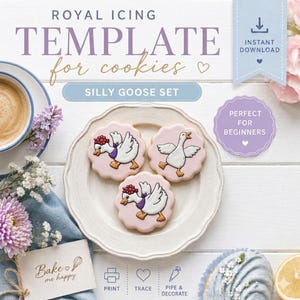 Silly Goose Royal Icing Transfers Template | 5 Designs in 4 Sizes | Duck and Goose Cookie Decorating | Printable PDF