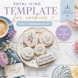Decorazioni per biscotti per la Prima Comunione - Scaricabili e stampabili immediatamente, 8 disegni, 4 dimensioni, decorazioni in glassa reale, decorazione fai da te per biscotti.