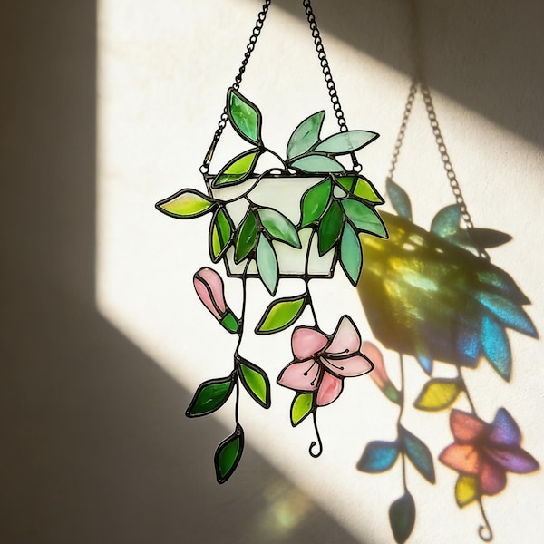 Potted Plant Stained Glass Hanging suncatcher, Handmade Stained Glass Art Window Decor, Glass Decor, Plant Ornament,Home decor,Gift for Her