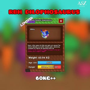 May include: A digital graphic featuring a blue and purple creature named Mimy, labeled as a Nightmare Rainbow Dilophosaurus. The image includes text detailing its abilities, weight of 60.94 KG, and age of 100. The text also includes the phrase "LIMITED".