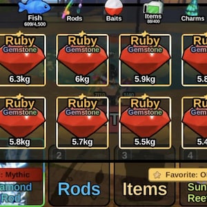 May include: A digital display shows eight ruby gemstones, each labeled with its weight in kilograms. The gemstones are displayed in a grid format, with the text "Ruby Gemstone" above each. The interface also includes options for fish, rods, baits, items, and charms.
