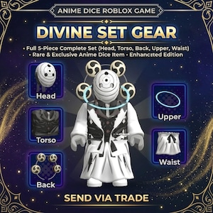Può includere: Un set di personaggi digitali per il gioco Roblox Anime Dice intitolato Divine Set Gear. Il set include una maschera bianca con motivi a vortice neri, un pezzo per il busto bianco e nero, un accessorio per la schiena con cinque simboli circolari, un anello superiore blu luminoso e un indumento bianco per la vita. L'immagine mostra il set completo di cinque pezzi e il testo Send Via Trade.