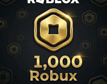 Könnte beinhalten: Eine digitale Roblox-Geschenkkartengrafik mit einem großen, metallisch goldenen, sechseckigen Münzsymbol, das auf einem dunklen Hintergrund zentriert ist. Der Text lautet ROBLOX, 1.000 Robux und PREMIUM PACK • SAFE & SECURE TRANSACTION • INSTANT ADD in weißer und goldener Schrift.