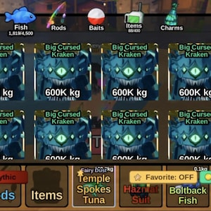 Könnte beinhalten: Ein Screenshot einer Spieloberfläche, die mehrere "Big Cursed Kraken"-Gegenstände anzeigt, die jeweils 600.000 kg wiegen. Die Oberfläche enthält Registerkarten für "Fish", "Rods", "Items" und "Charms".