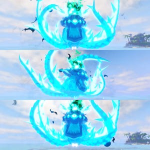 May include: A digital illustration of a blue figure surrounded by a glowing, icy aura. The figure has a detailed, geometric design and is set against a tropical island backdrop with a cloudy sky. The scene is dynamic and full of energy.