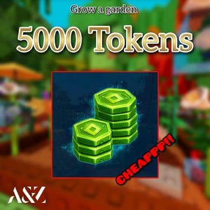 Puede incluir: Un gráfico digital que muestra dos pilas de fichas octogonales de color verde brillante con un recorte de diamante central. El texto dice Grow a garden, 5000 Tokens y CHEAPPP!!. El fondo es un entorno oscuro y borroso con un marco rojo.