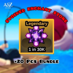 Könnte beinhalten: Digitalgrafik mit einem lila-schwarzen 'Legendary'-Stein mit dem Text '1 in 30K'. Das Bild enthält auch den Text 'Evolved Enchant Stone' und '*20 PCS BUNDLE'. Der Hintergrund ist ein verschwommenes Bild einer Angelszene.