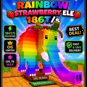 May include: A colourful, pixelated elephant with a trunk and tusks. The image features the text "RAINBOW STRAWBERRY ELE 186T/S" and other text boxes with "HIGH INCOME", "OG LIMITED", and "LVL 75 MAX".