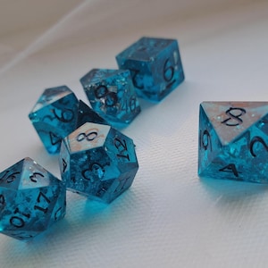 Puede incluir: Un conjunto de seis dados poliédricos azules translúcidos con numeración negra. Los dados tienen varias formas, incluyendo un d4, d6, d8, d10, d12 y d20. Los dados están dispersos sobre una superficie blanca.