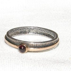 Op de afbeelding: Een zilveren ring met een gouden band en een kleine, ronde, donkerrode edelsteen. De ring staat tegen een witte achtergrond en toont zijn ingewikkelde ontwerp en contrasterende kleuren.