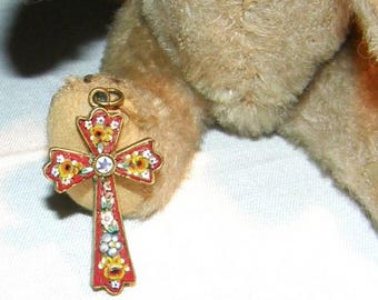 Antique Murano pendant in cross shape set with mosaic stones, Florentine, around 1900, Italy