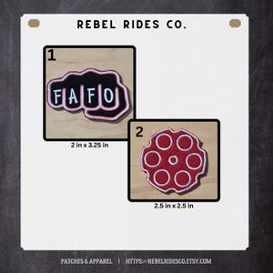 May include: Two embroidered patches. One is a black fist with the letters "FAFO" in white, outlined in red and white, measuring 2 x 3.25 inches. The other is a red revolver cylinder with white stitching, 2.5 x 2.5 inches.