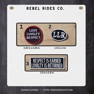 May include: Three embroidered patches with text. The first is round, red and black, with "LOVE LOYALTY RESPECT". The second is oval, black and white, with "LLR". The third is rectangular, black and white, with "RESPECT IS EARNED LOYALTY IS RETURNED".