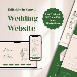 May include: A wedding website design featuring the text "Wedding Website" and "Editable in Canva." The design includes a laptop, a smartphone, and wedding illustrations. The website displays the names "Olivia & James."