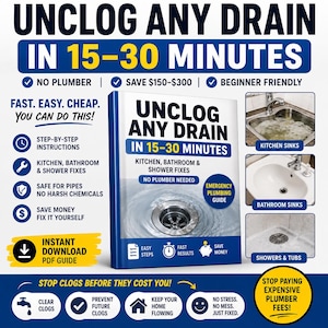 May include: A digital guide titled Unclog Any Drain in 15-30 Minutes, featuring text about kitchen, bathroom, and shower fixes. The cover displays a metal drain in water. Surrounding text highlights step-by-step instructions, no plumber needed, and saving money. Includes icons for instant download.
