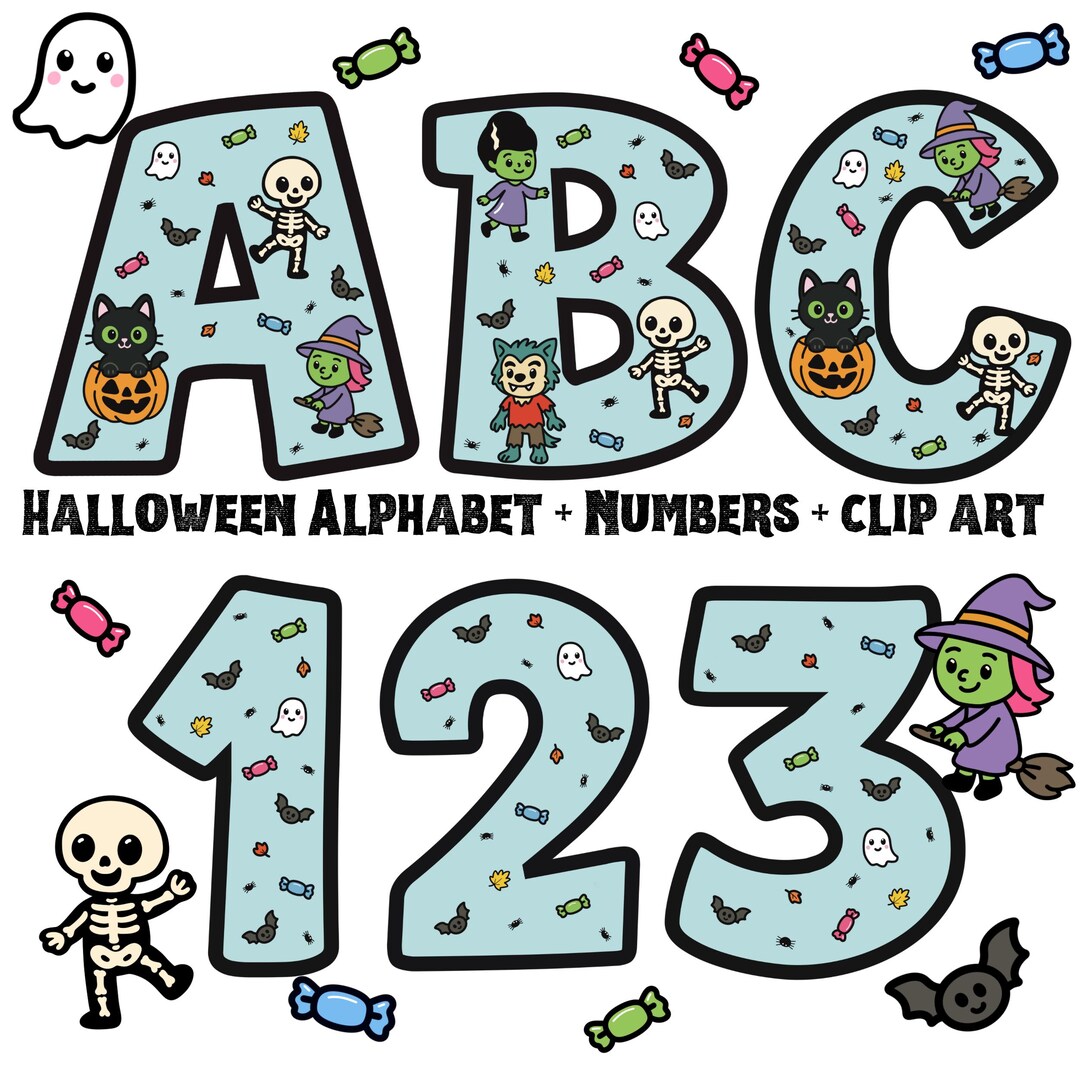 Halloween Alphabet Clipart | Hand-drawn Letters & Numbers (PNG Digital ...