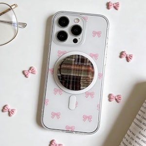 Soporte magnético para teléfono con agarre a cuadros marrones y patchwork, soporte de arte tartán estilo academia oscura, regalo rústico de tweed otoñal, soportes con estética tradicional.