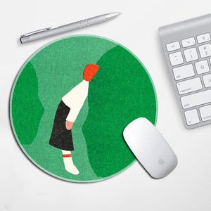 Alfombrilla de ratón redonda con diseño abstracto de naturaleza verde, ilustración minimalista de una persona entre arbustos, alfombrilla de escritorio artística
