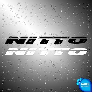 Puede incluir: Diseño del logotipo "NITTO" en blanco y negro. La palabra "NITTO" se muestra dos veces, una en negro y otra en blanco, sobre un fondo gris degradado con gotas de agua. Una insignia azul y blanca "WATER RESISTANT" está en la esquina inferior derecha.