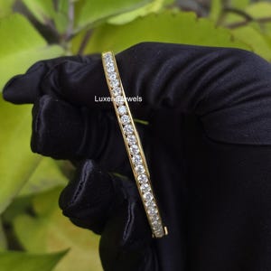 18K Yellow Gold Bangle Bracelet, Channel Set Diamond Bangle, 3MM Round Cut Moissanite Diamond Wedding Bangle, Full Eternity Bridal Bangle