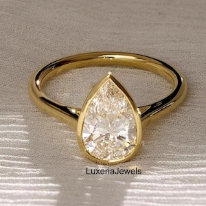Bezel Set 2CT Pear Cut Moissanite Engagement Ring, Modern Promise Ring, Classic Solitaire Ring, 14K Yellow Gold Wedding Ring, Gift For Her