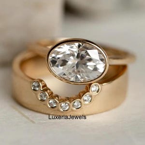 East to West Bezel Set 2.5 CT Oval Cut Moissanite Bridal Ring, With Wide Cigar Diamond Band, Modern Bridal Wedding Ring Set, 14K Yellow Gold