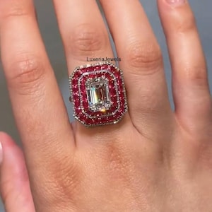 18K Gold Wedding Ring, 5CT Emerald Cut Moissanite Diamond Ring, Cocktail Ring, Ruby Halo Diamond Ring, Art Deco Ring, Statement Ring For Her