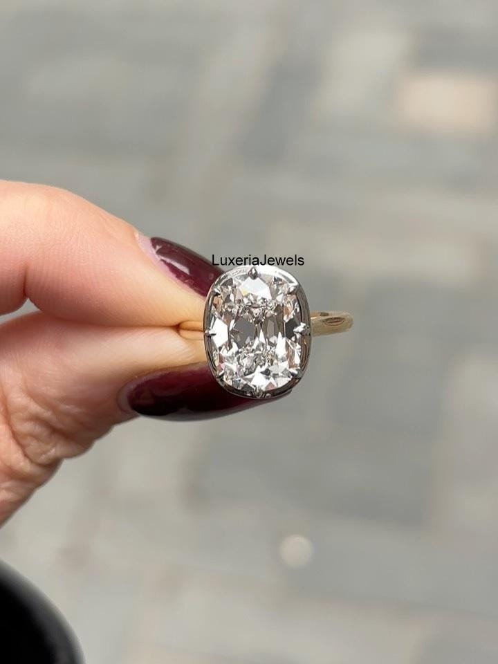 Old Mine 5CT Elongated Cushion Cut Moissanite Engagement Ring, 10K Two Tone Gold Wedding Ring, Antique Cut Diamond Ring, Georgian Style Ring