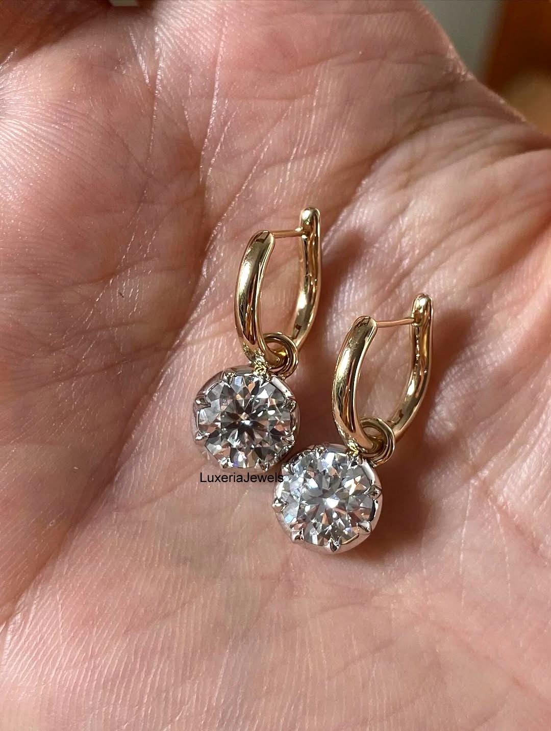 7.5mm Round Cut Moissanite Diamond Drop Earrings, 18k Two Tone Gold Bridal Wedding Earrings, Bezel With Prong Set, Dangle Drop Earrings Gift