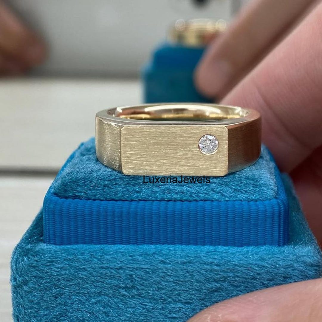 Flush Set 2mm Round Cut Solitaire Ring, 14K Yellow Gold Brushed Finish ...