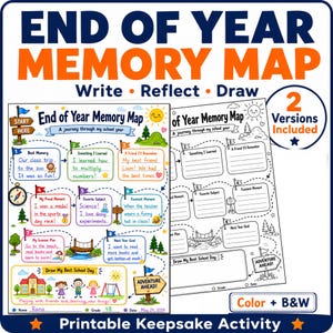 Può includere: Attività stampabile Mappa dei ricordi di fine anno a colori e in bianco e nero. La mappa include suggerimenti per scrivere e disegnare sull'anno scolastico, come il ricordo migliore, la materia preferita e l'obiettivo del prossimo anno. Include una versione a colori e B/N.