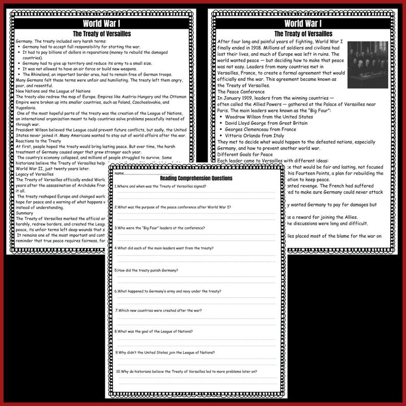 World War I Treaty of Versailles Lesson | Reading Passage, Questions ...