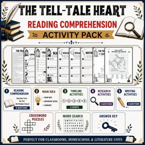 May include: A reading comprehension activity pack for The Tell-Tale Heart featuring multiple worksheets, a word search, and crossword puzzles. The design includes illustrations of books, a quill, a magnifying glass, and a key with text labels.
