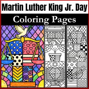 May include: A collection of Martin Luther King Jr. Day coloring pages. The pages feature images of scales, doves, and other symbols, with the text "Martin Luther King Jr. Day Coloring Pages" at the top.