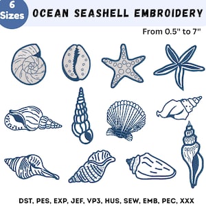 May include: A collection of ocean seashell embroidery designs in various shapes and sizes. The designs include a spiral shell, a starfish, and other sea creatures. The text reads "Ocean Seashell Embroidery" and "From 0.5" to 7".