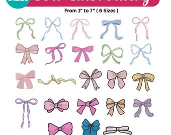 Disegni per ricamo di fiocchi, oltre 20 mini nastri per fiocchi ricamati a macchina, file per ricamo di fiocchi, download immediato, 6 misure, Pes Dst Exp Jef VP3