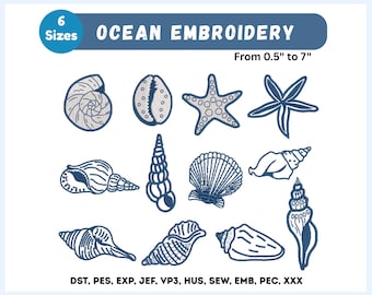 Disegni da ricamo di conchiglie, 12 disegni da ricamo a macchina con motivo costiero oceanico, ricamo di stelle marine, frutti di mare, oceano blu, 6 misure, download immediato