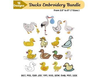 Pacchetto di disegni per ricamo di anatre - Set di 16 mini anatroccoli da ricamare a macchina - Anatra, germano reale, oca, colomba - File scaricabili istantaneamente - 7 dimensioni