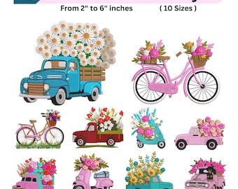 Desenhos de Bordado Floral Cottagecore para Carros - Padrão de Flores, Bicicleta e Caminhão - Arquivos de Bordado à Máquina - 10 Tamanhos - Download Instantâneo