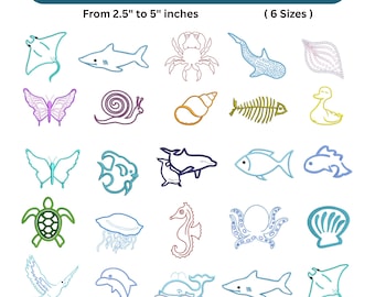 24 animais marinhos para bordar - Pacote de conchas e animais costeiros para bordar à máquina - Download instantâneo - 7 tamanhos - Arquivos PES, DST, EXP e VP3